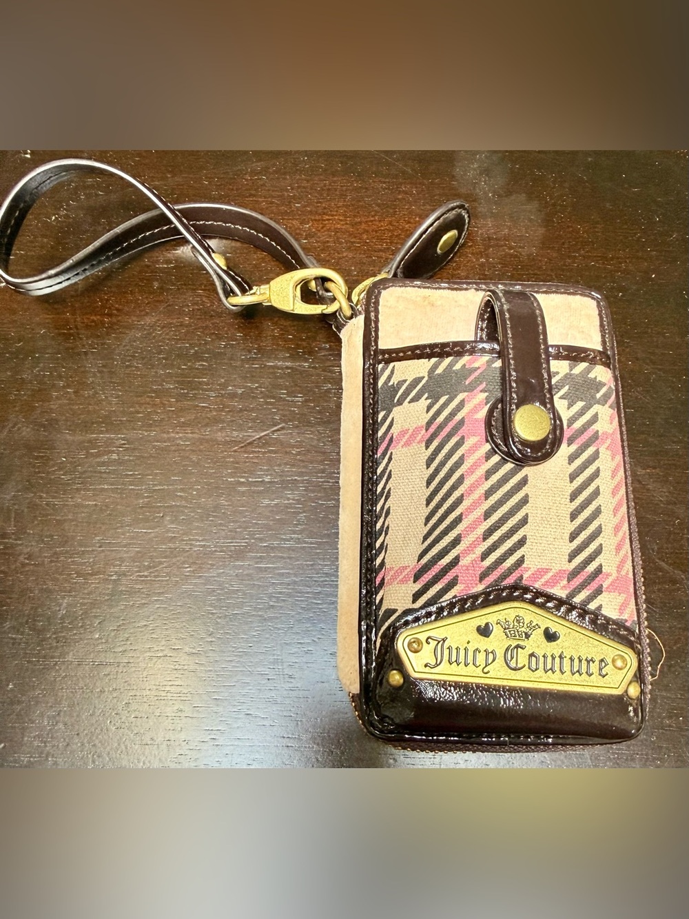 Juicy Couture Brown Plaid Wristlet Phone Case/Card Holder